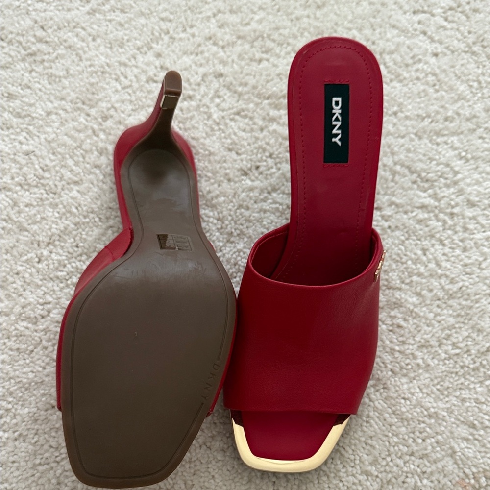 DKNY Red Mules with Gold Trim - Picture 3 of 5